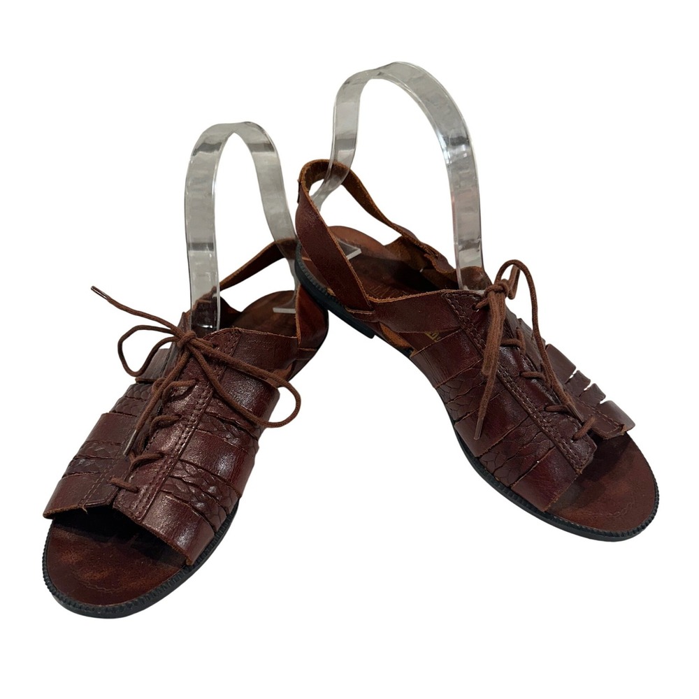 Womens Leather Lace Up Gladiator Sandals Brown Flat Open Toe Size 7.5